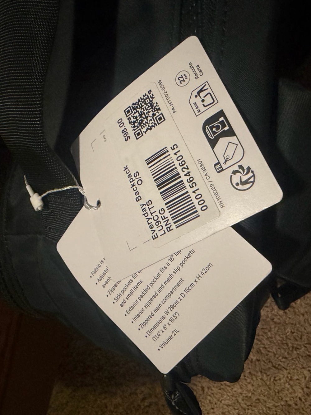 NWT Lululemon Athletica Women's Dark Green Everyday Backpack 21L - Picture 9 of 9